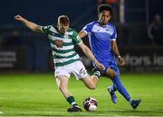 3 September 2021; Rory Gaffney of Shamrock Rovers has a shot on goal despite the attention of Will Seymore of Finn Harps during the SSE Airtricity League Premier Division match between Finn Harps and Shamrock Rovers at Finn Park in Ballybofey, Donegal. Photo by Ben McShane/Sportsfile