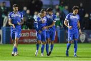 3 September 2021; Jordan Mustoe, second from left, of Finn Harps is congratulated by Finn Harps team-mate Adam Foley after scoring his side's first goal during the SSE Airtricity League Premier Division match between Finn Harps and Shamrock Rovers at Finn Park in Ballybofey, Donegal. Photo by Ben McShane/Sportsfile