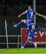 3 September 2021; Anthony Wordsworth of Waterford celebrates with team-mate Jeremie Milambo, 15, after scoring his side's first goal during the SSE Airtricity League Premier Division match between Waterford and Dundalk at the RSC in Waterford. Photo by Piaras Ó Mídheach/Sportsfile