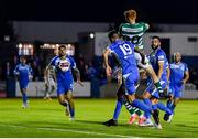 3 September 2021; Adam Foley, 19, of Finn Harps heads to score an own goal against his side during the SSE Airtricity League Premier Division match between Finn Harps and Shamrock Rovers at Finn Park in Ballybofey, Donegal. Photo by Ben McShane/Sportsfile