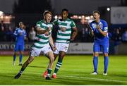 3 September 2021; Rory Gaffney of Shamrock Rovers celebrates his side's first goal, an own goal scored by Adam Foley of Finn Harps, during the SSE Airtricity League Premier Division match between Finn Harps and Shamrock Rovers at Finn Park in Ballybofey, Donegal. Photo by Ben McShane/Sportsfile