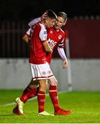 3 September 2021; Darragh Burns of St Patrick's Athletic, left, with team-mate Ian Bermingham after scoring his side's third goal during the SSE Airtricity League Premier Division match between St Patrick's Athletic and Longford Town at Richmond Park in Dublin. Photo by Eóin Noonan/Sportsfile