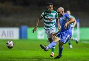 3 September 2021; Mark Coyle of Finn Harps in action against Aidomo Emakhu of Shamrock Rovers during the SSE Airtricity League Premier Division match between Finn Harps and Shamrock Rovers at Finn Park in Ballybofey, Donegal. Photo by Ben McShane/Sportsfile