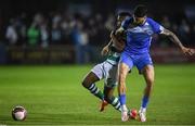 3 September 2021; Aidomo Emakhu of Shamrock Rovers in action against Kosovar Sadiki of Finn Harps during the SSE Airtricity League Premier Division match between Finn Harps and Shamrock Rovers at Finn Park in Ballybofey, Donegal. Photo by Ben McShane/Sportsfile