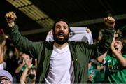 3 September 2021; A Cork City supporter celebrates after the SSE Airtricity League First Division match between Cork City and Athlone Town at Turners Cross in Cork. Photo by Michael P Ryan/Sportsfile