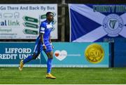 3 September 2021; Babatunde Owolabi of Finn Harps celebrates after scoring his side's second goal during the SSE Airtricity League Premier Division match between Finn Harps and Shamrock Rovers at Finn Park in Ballybofey, Donegal. Photo by Ben McShane/Sportsfile