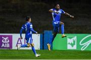 3 September 2021; Babatunde Owolabi of Finn Harps celebrates after scoring his side's second goal with team-mate Jordan Mustoe, left, during the SSE Airtricity League Premier Division match between Finn Harps and Shamrock Rovers at Finn Park in Ballybofey, Donegal. Photo by Ben McShane/Sportsfile