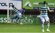3 September 2021; Babatunde Owolabi of Finn Harps heads to score his side's second goal despite the attention of Sean Gannon of Shamrock Rovers during the SSE Airtricity League Premier Division match between Finn Harps and Shamrock Rovers at Finn Park in Ballybofey, Donegal. Photo by Ben McShane/Sportsfile
