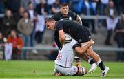 3 September 2021; Ben Earl of Saracens is tackled by Greg Jones of Ulster during the Pre-Season Friendly match between Ulster and Saracens at Kingspan Stadium in Belfast. Photo by Brendan Moran/Sportsfile