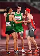 4 September 2021; Michael McKillop of Ireland, centre, is consoled by competitors Abdelkrim Kai of Algeria, left, and Liam Stanley of Canada after competing in the Men's T38 1500 metre final at the Olympic Stadium on day eleven during the Tokyo 2020 Paralympic Games in Tokyo, Japan. Photo by Sam Barnes/Sportsfile