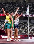 4 September 2021; Michael McKillop of Ireland, second left, has his hands held aloft by Louis Radius of France after competing in the Men's T38 1500 metre final at the Olympic Stadium on day eleven during the Tokyo 2020 Paralympic Games in Tokyo, Japan. Photo by Sam Barnes/Sportsfile
