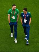 4 September 2021; Shane Duffy of Republic of Ireland, left, and coach Keith Andrews before the FIFA World Cup 2022 qualifying group A match between Republic of Ireland and Azerbaijan at the Aviva Stadium in Dublin. Photo by Eóin Noonan/Sportsfile
