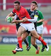 4 September 2021; Matt Gallagher of Munster Red VX is tackled by Jake Flannery of Munster Grey XV during a challenge match between Munster XV Red and Munster XV Grey at Thomond Park in Limerick. Photo by Brendan Moran/Sportsfile