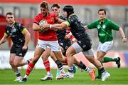 4 September 2021; Jack Crowley of Munster Red VX is tackled by Chris Cloete of Munster Grey XV during a challenge match between Munster XV Red and Munster XV Grey at Thomond Park in Limerick. Photo by Brendan Moran/Sportsfile