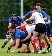 4 September 2021; Adam Deay of Leinster is tackled during the IRFU U18 Men's Clubs Interprovincial Championship Round 3 match between Ulster and Leinster at Newforge in Belfast. Photo by John Dickson/Sportsfile