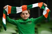 4 September 2021; Republic of Ireland supporter Harry Travers, age 11, from Dundalk, before the FIFA World Cup 2022 qualifying group A match between Republic of Ireland and Azerbaijan at the Aviva Stadium in Dublin. Photo by Stephen McCarthy/Sportsfile