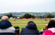 4 September 2021; Mark Adair of Ireland bowls to Craig Ervine of Zimbabwe during match five of the Dafanews T20 series between Ireland and Zimbabwe at Bready Cricket Club in Magheramason, Tyrone. Photo by Ramsey Cardy/Sportsfile