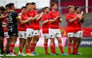 4 September 2021; Munster players, led by Ben Healy, centre, applaud their supporters after a challenge match between Munster XV Red and Munster XV Grey at Thomond Park in Limerick. Photo by Brendan Moran/Sportsfile