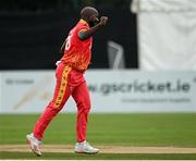 4 September 2021; Luke Jongwe of Zimbabwe celebrates claiming the wicket of Kevin O’Brien of Ireland during match five of the Dafanews T20 series between Ireland and Zimbabwe at Bready Cricket Club in Magheramason, Tyrone. Photo by Ramsey Cardy/Sportsfile