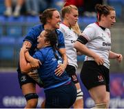 4 September 2021; Lisa Callan of Leinster celebrates after scoring her side's second try with team-mate Mairead Holohan during the IRFU Women's Interprovincial Championship Round 2 match between Leinster and Ulster at Energia Park in Dublin. Photo by Harry Murphy/Sportsfile