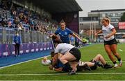 4 September 2021; Michelle Claffey of Leinster evades the tackle of Toni Macartney and Aishling O'Connell of Ulster on her way to scoring her side's sixth try during the IRFU Women's Interprovincial Championship Round 2 match between Leinster and Ulster at Energia Park in Dublin. Photo by Harry Murphy/Sportsfile