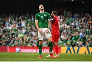 4 September 2021; Shane Duffy of Republic of Ireland reacts during the FIFA World Cup 2022 qualifying group A match between Republic of Ireland and Azerbaijan at the Aviva Stadium in Dublin. Photo by Stephen McCarthy/Sportsfile