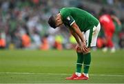 4 September 2021; John Egan of Republic of Ireland reacts during the FIFA World Cup 2022 qualifying group A match between Republic of Ireland and Azerbaijan at the Aviva Stadium in Dublin. Photo by Seb Daly/Sportsfile