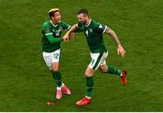 4 September 2021; Shane Duffy of Republic of Ireland celebrates with team-mate Callum Robinson, left, after scoring his side's first goal during the FIFA World Cup 2022 qualifying group A match between Republic of Ireland and Azerbaijan at the Aviva Stadium in Dublin. Photo by Eóin Noonan/Sportsfile