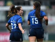 4 September 2021; Emily McKeown of Leinster, left, celebrates with team-mate Ella Roberts after scoring a try during the IRFU Women's Interprovincial Championship Round 2 match between Leinster and Ulster at Energia Park in Dublin. Photo by Piaras Ó Mídheach/Sportsfile