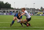4 September 2021; Grace Miller of Leinster scores her side's ninth try despite the tackle of Lauren Maginnes of Ulster during the IRFU Women's Interprovincial Championship Round 2 match between Leinster and Ulster at Energia Park in Dublin. Photo by Harry Murphy/Sportsfile