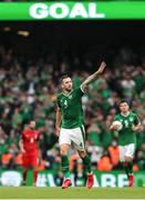 4 September 2021; Shane Duffy of Republic of Ireland celebrates after scoring his side's first goal  during the FIFA World Cup 2022 qualifying group A match between Republic of Ireland and Azerbaijan at the Aviva Stadium in Dublin. Photo by Michael P Ryan/Sportsfile