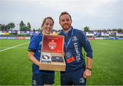 4 September 2021; Player of the match Emma Murphy of Leinster with Head coach Phil De Barra during the IRFU Women's Interprovincial Championship Round 2 match between Leinster and Ulster at Energia Park in Dublin. Photo by Harry Murphy/Sportsfile
