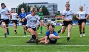 4 September 2021; Emily McKeown of Leinster dives over to score a try during the IRFU Women's Interprovincial Championship Round 2 match between Leinster and Ulster at Energia Park in Dublin. Photo by Piaras Ó Mídheach/Sportsfile