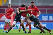 4 September 2021; Scott Buckley of Munster Red VX is tackled by John Ford and Josh Wycherley of Munster Grey XV during a challenge match between Munster XV Red and Munster XV Grey at Thomond Park in Limerick. Photo by Brendan Moran/Sportsfile