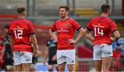 4 September 2021; Ben Healy of Munster Red XV, centre, speaks to team-mates Alex McHenry, left, and Seán French during a challenge match between Munster XV Red and Munster XV Grey at Thomond Park in Limerick. Photo by Brendan Moran/Sportsfile