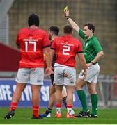 4 September 2021; Scott Buckley of Munster Red VX is shown a yellow card by the referee during a challenge match between Munster XV Red and Munster XV Grey at Thomond Park in Limerick. Photo by Brendan Moran/Sportsfile