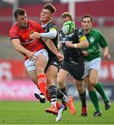 4 September 2021; Matt Gallagher of Munster Red VX is tackled by Jake Flannery of Munster Grey XV during a challenge match between Munster XV Red and Munster XV Grey at Thomond Park in Limerick. Photo by Brendan Moran/Sportsfile