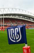4 September 2021; A general view of United Rugby Championship branding on a flag at Thomond Park in Limerick. Photo by Brendan Moran/Sportsfile