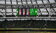 4 September 2021; A tribute to the late Roy Butler, Sam Oji, Samantha Willis, Shay Healy, Teddy Lambe and Timmy Carey on the big screen during the FIFA World Cup 2022 qualifying group A match between Republic of Ireland and Azerbaijan at the Aviva Stadium in Dublin. Photo by Stephen McCarthy/Sportsfile