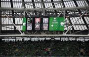 4 September 2021; A tribute to the late Kenny Murdock, Liam Farrell, Mick Breslin, Mick Millington, Peter Maher and Rian O'Halloran on the big screen during the FIFA World Cup 2022 qualifying group A match between Republic of Ireland and Azerbaijan at the Aviva Stadium in Dublin. Photo by Stephen McCarthy/Sportsfile