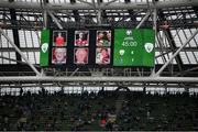 4 September 2021; A tribute to the late Roy Butler, Sam Oji, Samantha Willis, Shay Healy, Teddy Lambe and Timmy Carey on the big screen during the FIFA World Cup 2022 qualifying group A match between Republic of Ireland and Azerbaijan at the Aviva Stadium in Dublin. Photo by Stephen McCarthy/Sportsfile