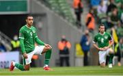 4 September 2021; Adam Idah of Republic of Ireland takes a knee before the FIFA World Cup 2022 qualifying group A match between Republic of Ireland and Azerbaijan at the Aviva Stadium in Dublin. Photo by Stephen McCarthy/Sportsfile