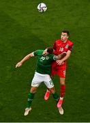 4 September 2021; James Collins of Republic of Ireland in action against Anton Krivotsyuk of Azerbaijan during the FIFA World Cup 2022 qualifying group A match between Republic of Ireland and Azerbaijan at the Aviva Stadium in Dublin. Photo by Eóin Noonan/Sportsfile