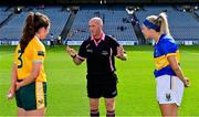 5 September 2021; Referee Barry Redmond with team captains Aislinn McFarland of Antrim and Sarah Jane Winders of Wicklow before the TG4 All-Ireland Ladies Junior Football Championship Final match between Antrim and Wicklow at Croke Park in Dublin. Photo by Brendan Moran/Sportsfile