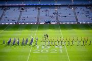 5 September 2021; The Artane School of Music Band lead Antrim and Wicklow players in the pre-match parade before the TG4 All-Ireland Ladies Junior Football Championship Final match between Antrim and Wicklow at Croke Park in Dublin. Photo by Stephen McCarthy/Sportsfile