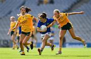 5 September 2021; Catherine Dempsey of Wicklow in action against Maeve Blaney, left, and Ciara Brown of Antrim during the TG4 All-Ireland Ladies Junior Football Championship Final match between Antrim and Wicklow at Croke Park in Dublin. Photo by Brendan Moran/Sportsfile