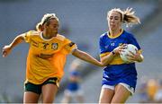 5 September 2021; Laurie Ahern of Wicklow in action against Áine Tubridy of Antrim during the TG4 All-Ireland Ladies Junior Football Championship Final match between Antrim and Wicklow at Croke Park in Dublin. Photo by Brendan Moran/Sportsfile