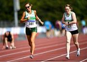 5 September 2021; Adrienne Atkins of Raheny Shamrock AC, left, beats team-mate Patricia O’Cleirigh on the line to win the F55 800 metres during the Irish Life Health National Masters Track and Field Championships at Morton Stadium in Santry, Dublin. Photo by Seb Daly/Sportsfile