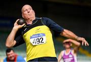5 September 2021; Patrick Mahoney of Adamstown AC competing in the M65 shot put during the Irish Life Health National Masters Track and Field Championships at Morton Stadium in Santry, Dublin. Photo by Seb Daly/Sportsfile