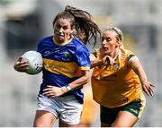 5 September 2021; Catherine Dempsey of Wicklow in action against Áine Tubridy of Antrim during the TG4 All-Ireland Ladies Junior Football Championship Final match between Antrim and Wicklow at Croke Park in Dublin. Photo by Piaras Ó Mídheach/Sportsfile
